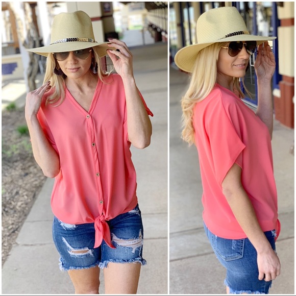 ✨LAST ONE✨ Neon coral Button Down Tie Front Top - Picture 2 of 3